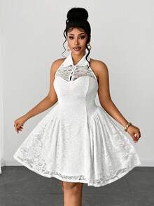 Maweii Plus Size Backless Halter Neck Metallic Lace Elegant Party Date Dress - White - View 5