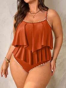 Swim Lushoire 2pcs Plus Size Women Green Spaghetti Strap Ruffle Trim Top & High Waist Ruffle Trim Pants Set, Summer Beach Holiday - Brown - View 3