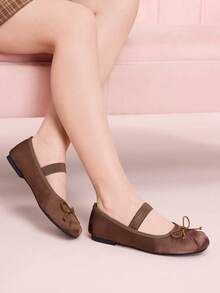 CUCCOO DOLLMOD Women's Mary Jane Style Flat Shoes, Brown Satin Fabric Bow Decoration - Coffee Brown - View 4
