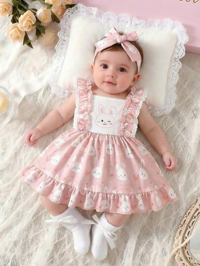 SHEIN Conjunto de 2 piezas de verano para bebé niña recién nacida: Vestido sin mangas con volantes y estampado de conejito rosa con diadema a juego. Adorable, dulce y fresco. Tela suave y cómoda