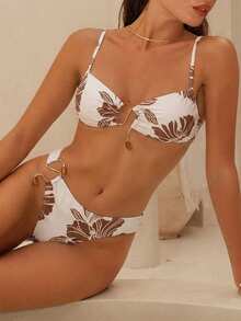 Swim Chiccia 女士优雅浪漫海岛度假亚克力金属几何印花比基尼套装，2026春夏新款女士泳装海滩度假系列：优雅、浪漫、性感、甜美；简约、休闲、百搭；采用蝴蝶结比基尼设计，配有可拆卸胸垫，以及充满活力的假日主题彩色印花。完美适用于夏季郊游、海滩度假、海岛之旅、日光浴、公路旅行、游轮宴会、下午茶、烛光晚餐、浪漫约会、私人派对、日常穿着、休闲风格，甚至音乐节。清凉夏日海滩之旅必备泳装！女士比基尼套装，女士泳衣套装，度假套装，女士比基尼套装，女士海滩套装，两件式聚拢泳衣 - 卡其色 - 查看 5