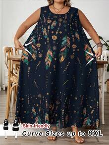 SHEIN CURVE+ Plus Size Women's Sleeveless Floral Print Dress, Summer,Holiday Outfits For Womenfall Clothes For Women,Winter,CURVE PLUS, Summer Dresses - Navy Blue - View 1