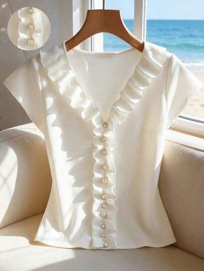 Franclia Women's White Pearl Solid Color T-Shirt, Elegant Casual Commuter