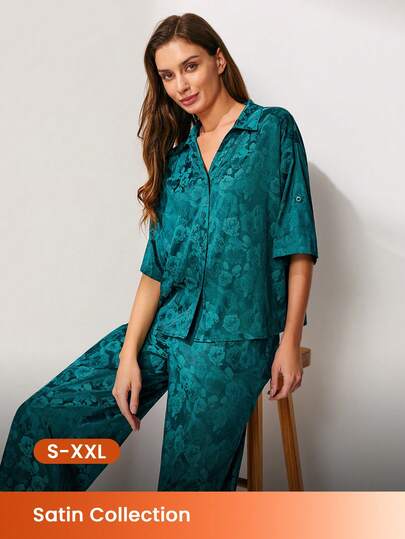 LUVLETTE Women's Summer Breathable Emerald Satin Sleep Set - Loose-Fit Pajamas With Floral Pattern Nightwear Pyjama