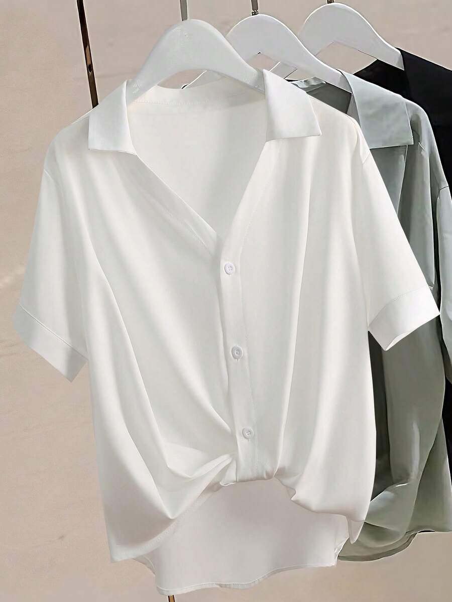 Franclia Fashionable Versatile Casual V-Neck Solid Color Elegant Shirt - White - View 1