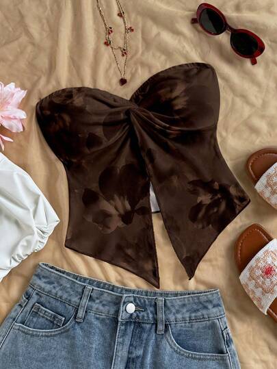 Soleia 休闲复古优雅度假风百搭暖棕色抽象渐变花卉剪影印花设计，前扭结不对称下摆女式上衣，适合春夏穿着