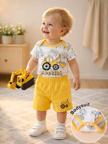 SHEIN Bộ áo liền quần và quần short in hình ô tô hoạt hình dễ thương cho bé trai, thích hợp cho mùa xuân/hè. - Nhiều màu - Xem 1