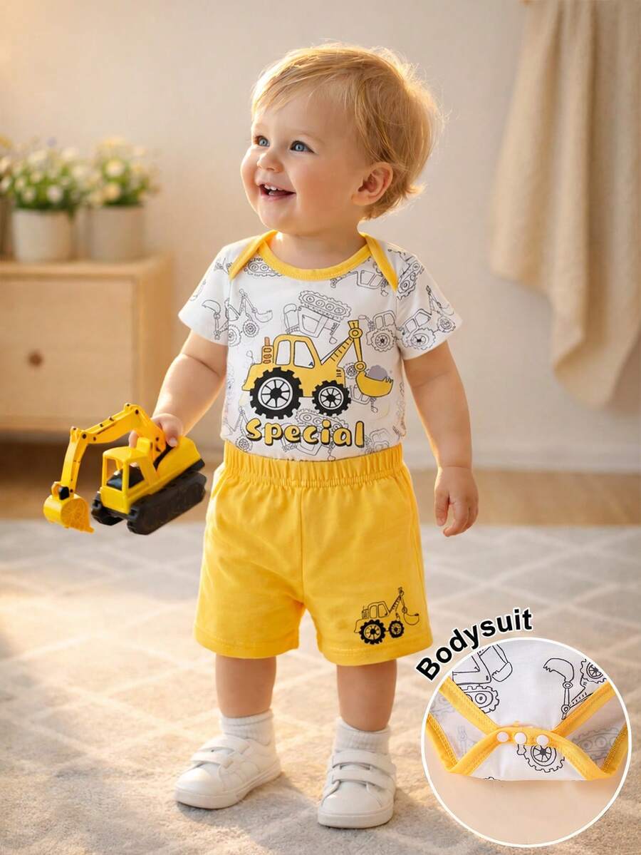SHEIN Bộ áo liền quần và quần short in hình ô tô hoạt hình dễ thương cho bé trai, thích hợp cho mùa xuân/hè. - Nhiều màu - Xem 1