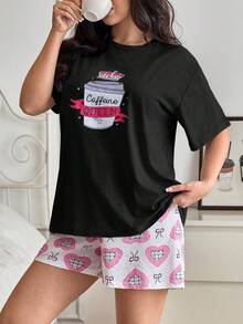 SHEIN Cotton Plus 女士两件套咖啡色卡通图案睡衣T恤+爱心图案睡裤舒适睡衣家居服套装 - 黑色 - 查看 4