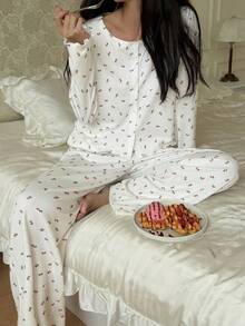 Livesso 2件套女士心形图案领休闲家居服套装，适合春、夏、秋、冬四季穿着。 - 白色 - 查看 7