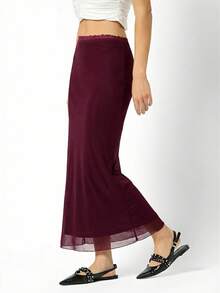 LYSMO 女士高腰酒红色中长裙，采用撞色网纱美人鱼裙摆和蕾丝饰边。 - 酒紅色 - 查看 6