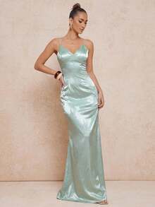 Lumalex Đầm ôm sát cơ thể bằng vải satin jacquard, kiểu dáng thắt eo, dây xoắn dành cho nữ. - Màu xanh Bạc hà - Xem 11
