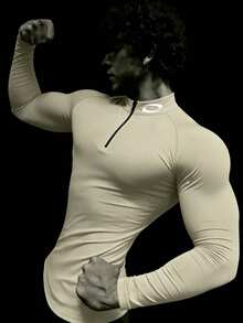 GymBeat Men's Zipper Design Raglan Sleeve Casual Fitness Workout T-Shirt - Apricot - View 1