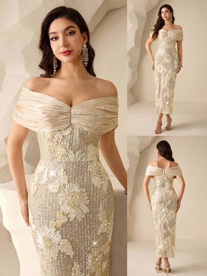 Coutiva 优雅的花卉亮片露肩露背直筒下摆正式晚礼服，适合生日派对、毕业典礼、婚礼宾客和返校派对。