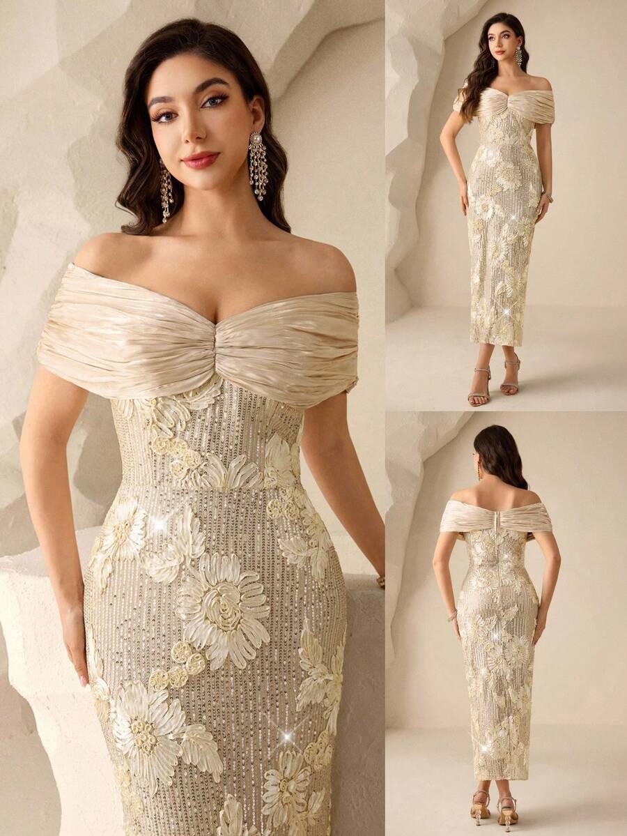 Coutiva 优雅的花卉亮片露肩露背直筒下摆正式晚礼服，适合生日派对、毕业典礼、婚礼宾客和返校派对。 - 杏色 - 查看 1