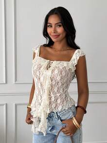 Slaydiva Blusa de encaje semitransparente con volantes y bajo asimétrico, de color albaricoque, de estilo bohemio, romántico y perfecto para vacaciones y citas de verano para mujeres - Albaricoque - Ver 5