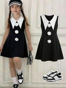SHEIN Tween Girl Floral Decor Contrast Collar Sleeveless Black And White Dress,Summer Cute Modest Elegant Evening Party Formal Kids Mother Daughter Outfit - Black - View 11