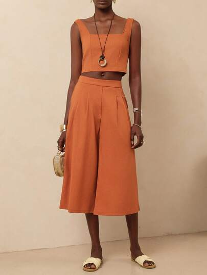 Vesra Completo casual da donna composto da top corto monocolore e pantaloni a zampa d'elefante, 2 pezzi