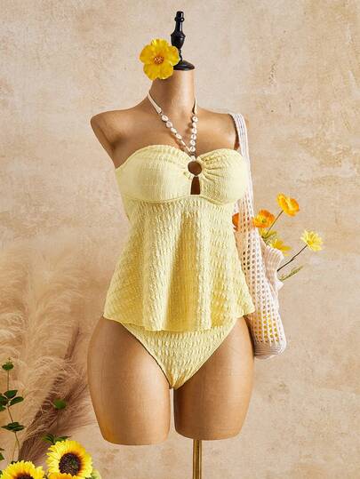 Bellisia Spring/Summer Hot Selling Beach Vacation Casual Special Fabric Front & Middle Ring Cup Bottom Elastic Hem Spaghetti Strap Flared Hem Top + Solid Color Jacquard Fabric Triangle Bottoms 2 Piece Camisole Strap Bikini Set