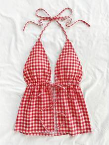 Soleia 休闲简约优雅浪漫复古乡村红白格子印花图案，适合音乐节、海滩、度假、春季郊游，女士夏季露背吊带背心 - 彩色 - 查看 3