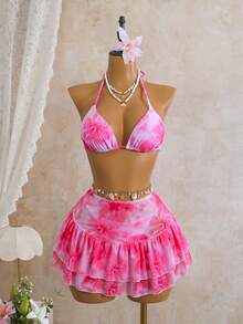 Swim Vcay 3pcs Women's Swimsuit Set, Pink Floral Random Print Halter Top, Low Waist Bottoms, Ruffled Double-Layer Skirt, Cute & Sexy Beach Style Bikini Set, Spring/Summer - Pink - View 2