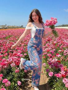 SHEIN MOD 大码牛仔印花背带裤，学生风长裤 - 彩色 - 查看 4
