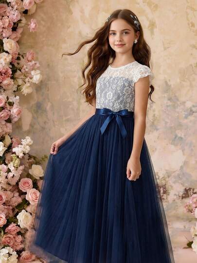 SHEIN White Lace Overlay Ruffle Sleeve Pearl Chiffon Pleated Dress For Teenage Girls, Colorblock Design, Suitable For Spring/Summer, Graduation, Back To School Navy Blue Teen Dress Teen Dress With Bow Elegant Navy Blue Dress Lace Top Dress Girls Elegant Dark Blue Dress Dark Blue Dresses For Tweens Tween Girls Elegant Bridesmaid Lace Girls Bridesmaid Dress Navy Tween Girls Elegant Dark Blue Dress