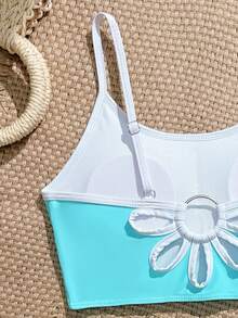 SHEIN 休闲露背镂空花卉设计少女吊带比基尼上衣 - 綠色 - 查看 6