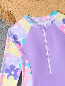 SHEIN New Fashion Girls Printed Patchwork Swimsuit Set - Purple - View 5
