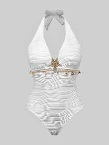 Swim Oasis White Summer Casual Holiday Party Vacation Elegant Starfish & Shell One-Piece Swimsuit,Paired With Skirt 2 Pieces Set Women's Beach Boho Swimwear - White - View 8