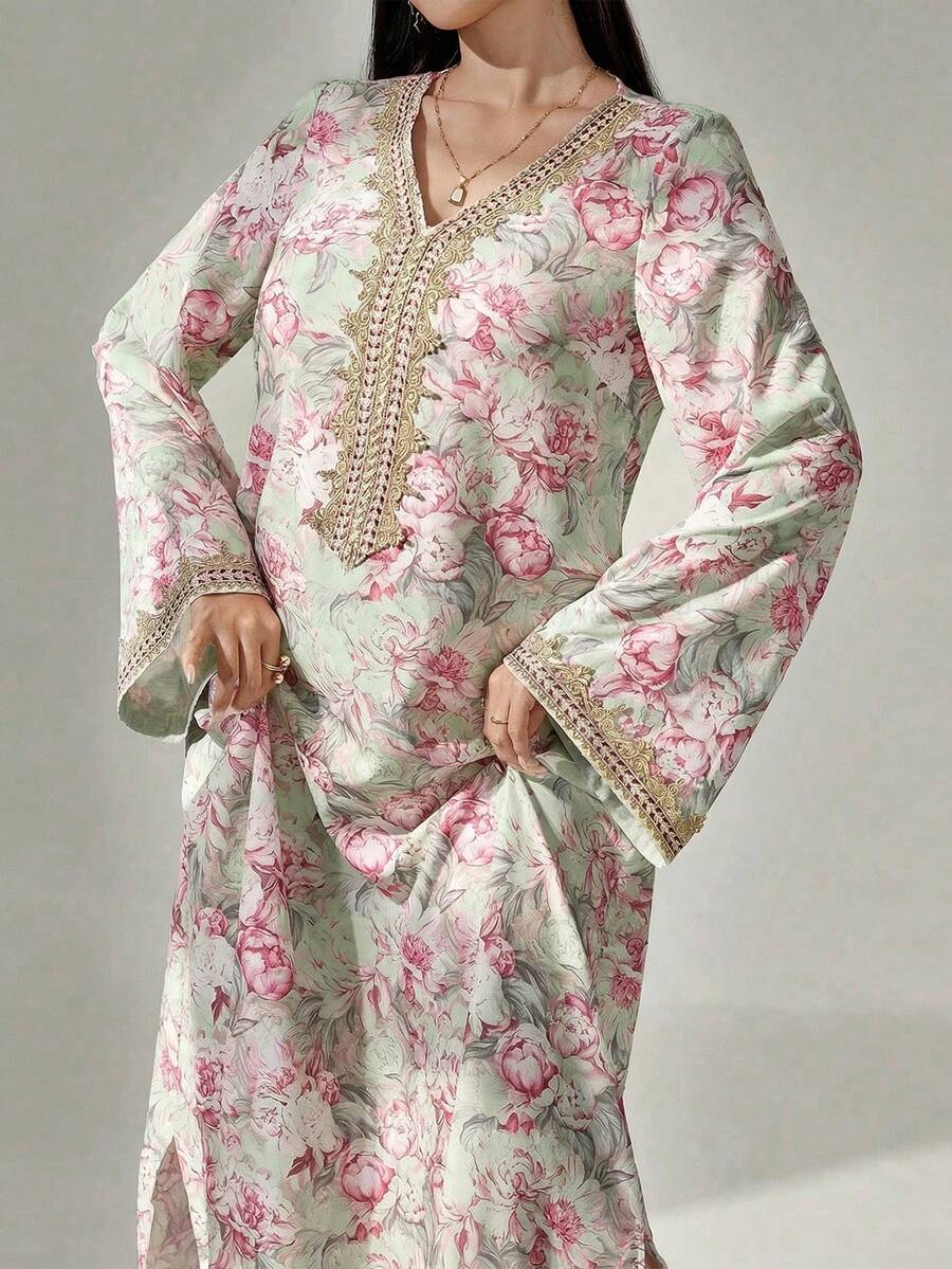 Al Najma 女士花卉印花钩编拼接长袖连衣裙,优雅端庄的A字型卡夫坦长袍,适合晚宴/婚礼宾客/周年纪念/日常穿着 - 薄荷綠 - 查看 1