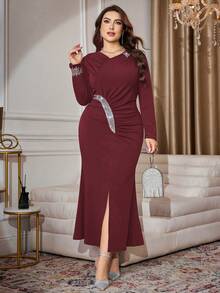 Modelyn 大码女式亮片装饰领长袖褶皱腰部闪亮派对连衣裙 - 酒紅色 - 查看 6