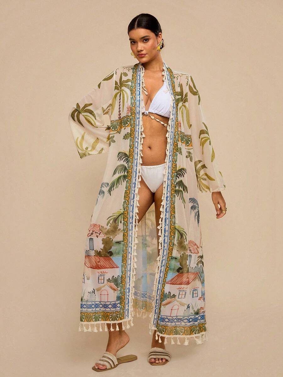 Travachic 热带度假风复古椰树小镇印花罩衫，长款花卉流苏下摆轻盈和服式罩衫，宽松显瘦沙滩罩衫，女士夏季 - 綠色 - 查看 1