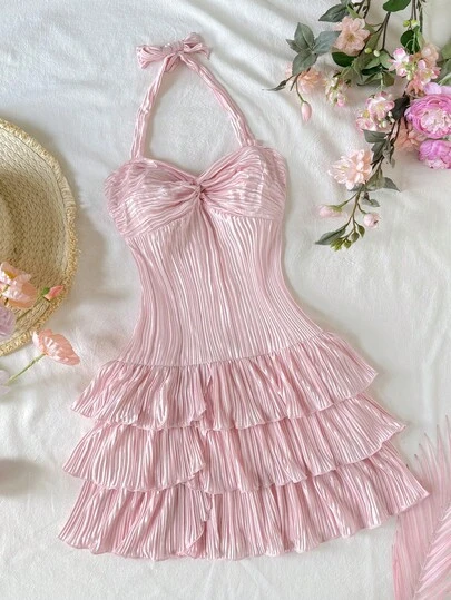 SHEIN Vestido de fiesta con cuello halter plisado de unicolor para niña preadolescente
