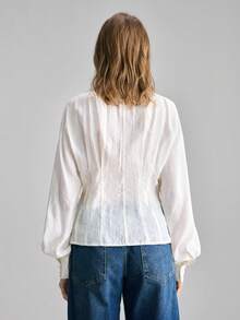 Ontre 2026SS New Women's Shirt, Fitted Silhouette, Embroidered Fabric, Dropped Shoulder, Long Sleeve, Small V-Neck, Modern Elegant Wedding Guest Outfit, Minimalist Romantic French Luxury Feel, Urban Chic Business Casual Office Wear, Low-Key Old Money Vibe, High-End Airport, Cruise Ship, Middle East Essential, High-Quality 4-Season Versatile Wedding Series Dress Puff Sleeve Blouse Sheer Blouse - White - View 3