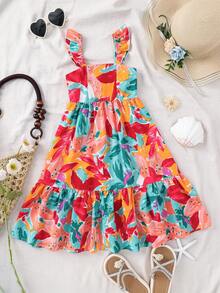 少女雪纺碎花吊带荷叶边下摆休闲连衣裙 - 彩色 - 查看 1
