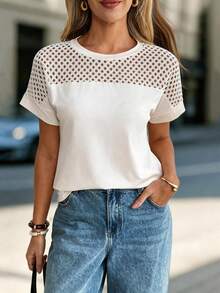 EMERY ROSE 纯色圆领镂空休闲百搭短袖T恤网纱上衣女款白色女式上衣优雅短袖上衣夏季休闲上衣工作波点可爱白色短袖上衣夏季上衣白色上衣女款短袖上衣白色网纱上衣白色短袖上衣女款白色上衣女式上衣和衬衫休闲女式上衣网纱拼接上衣 - 杏色 - 查看 1