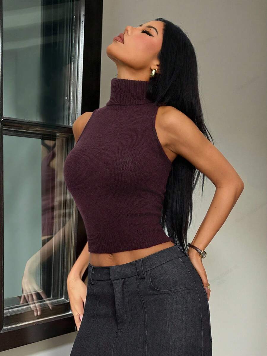 SHEIN PETITE 女士秋冬新款高领无袖紧身罗纹燕麦色针织背心毛衣，适合日常穿着 - 紫色 - 查看 1