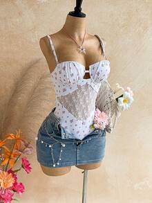 Soleia 女士时尚可拆卸肩带网纱拼接镂空连体泳衣，适合海滩度假 - 彩色 - 查看 3