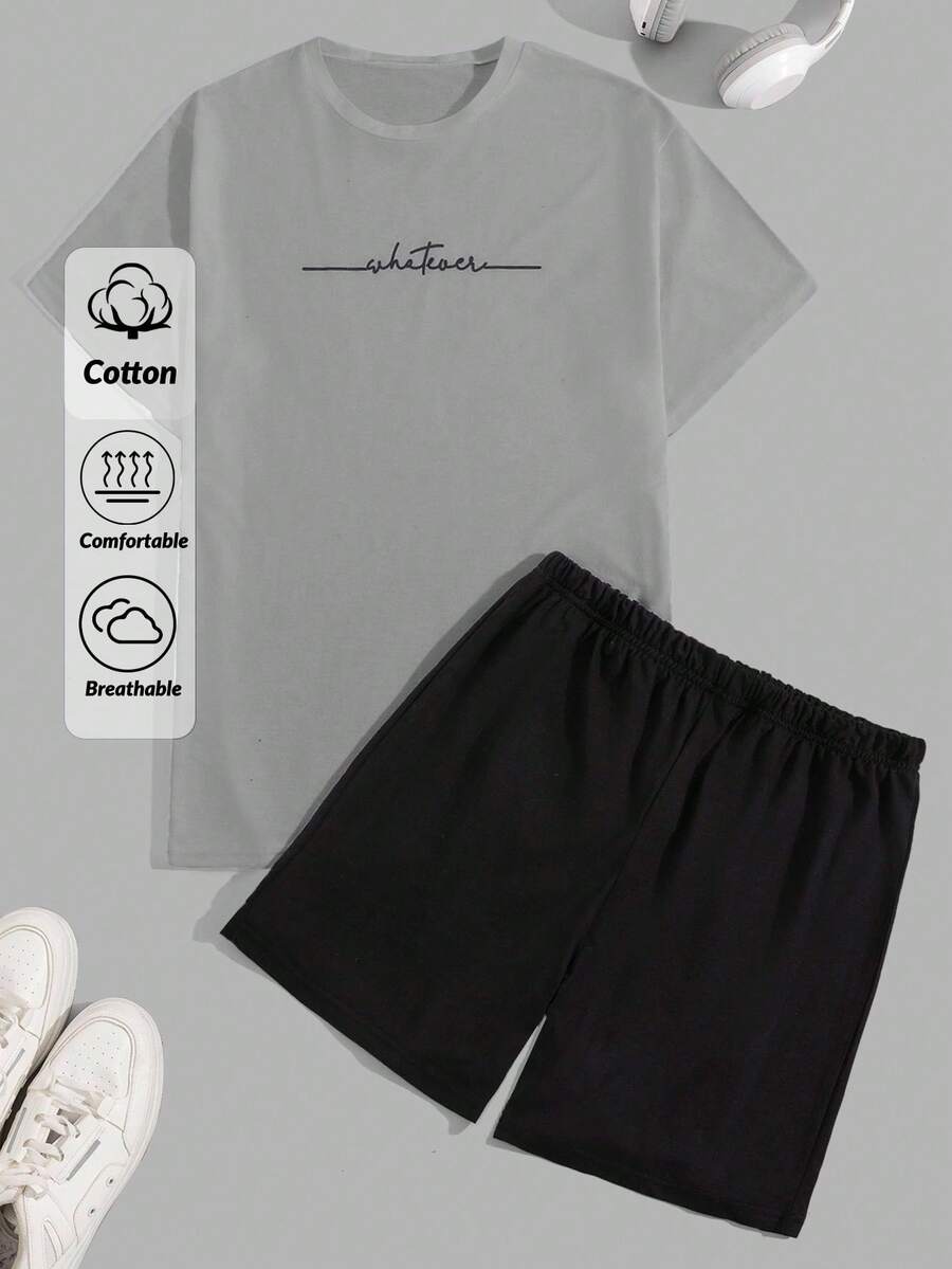 SHEIN Men Letter Print Regular T-Shirt Homewear Set - Grey - View 1