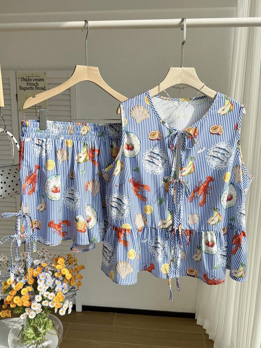 Comfortcana Bộ đồ cỡ lớn màu đỏ trắng kẻ caro gồm áo và quần short thắt nơ 3D phía trước, thích hợp cho mùa hè. - Nhiều màu - Xem 1