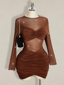 SHEIN ICON 大码女士性感派对黑色迷你连衣裙 - 棕色 - 查看 6