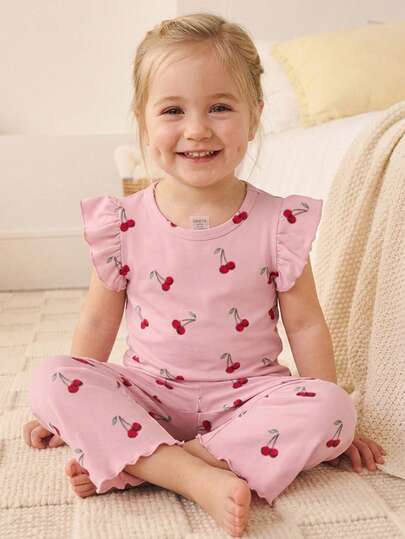 2pcs/Set Cute Baby Girls' Summer Series Design, Pink Cherry Full Print And White Spring Ditsy Floral, Ruffle Sleeve Cap Sleeve Pants Pajama Sets