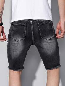 Manfinity LEGND Pantalones cortos vaqueros de hombre con parches desgastados, estilo slim fit de calle - Negro - Ver 2