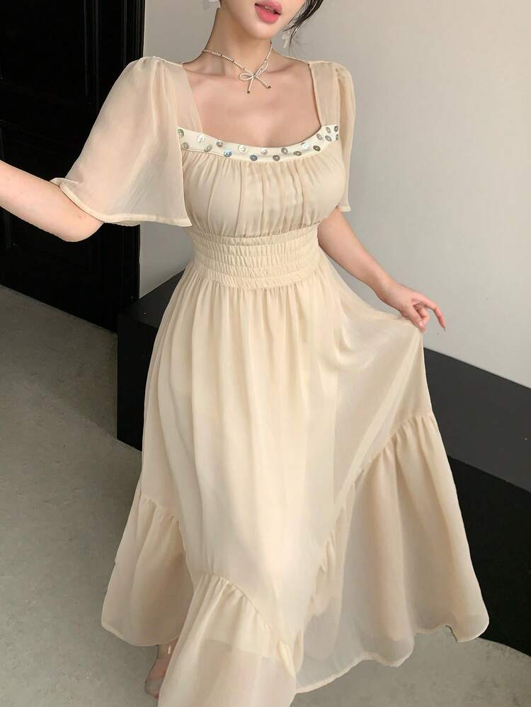 French Style Waist Cinching Elegant Lady Dress, Flared Sleeve Long Dress For Women Summer Sun Dresses For Women