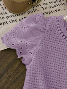 SHEIN LMoss Kids LMoss 女童针织纯色圆领蕾丝荷叶边修身T恤 - 淡紫色 - 查看 5