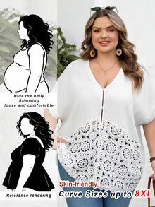 SHEIN CURVE+ 加大码 US22 音乐节、海滨度假、波西米亚风休闲纯色蕾丝拼接蝙蝠袖衬衫，适合教师穿着，夏季上衣 - 白色 - 查看 2