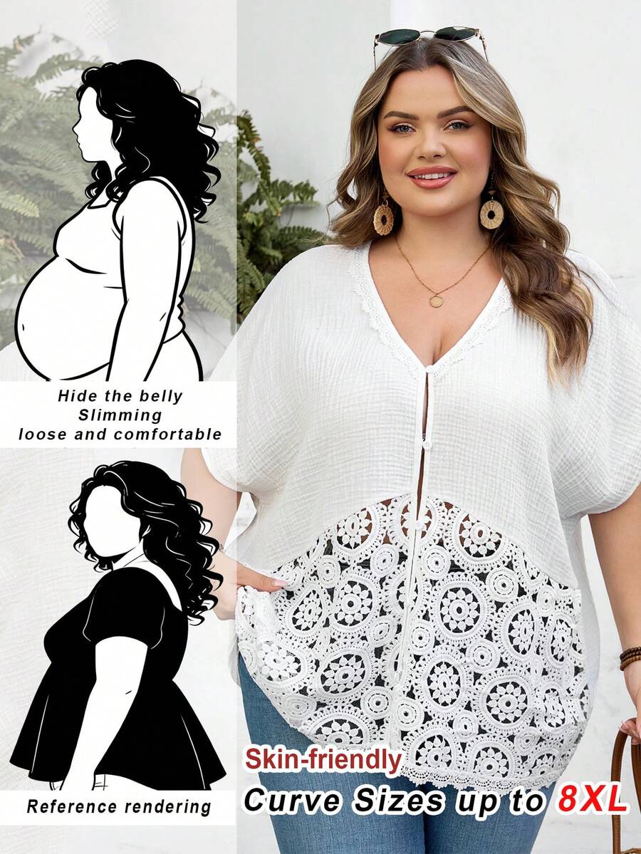 SHEIN CURVE+ 加大码 US22 音乐节、海滨度假、波西米亚风休闲纯色蕾丝拼接蝙蝠袖衬衫，适合教师穿着，夏季上衣