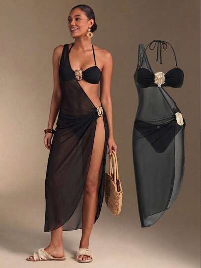 Swim Oasis 2026SS New Women's Swimwear Arrival For Holiday, Date, Western, Cruise, Beach, Island, Road Trip, All Seasons, Music Festival, Boho Vacation,Bohemian Vacation, Chill Autumn Boho Y2K Pleated Shorts, Elegant Vintage Casual 3pcs Vintage Casual Beach Vacation Women Swimwear Set