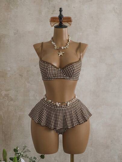 Bellisia Bộ đồ bơi hai mảnh tankini họa tiết kẻ caro mùa hè dành cho nữ, có gọng nâng ngực, màu be.